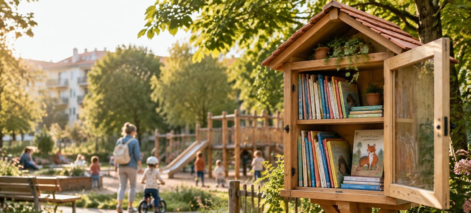 Plenerowa biblioteczka pełna książek przy placu zabaw