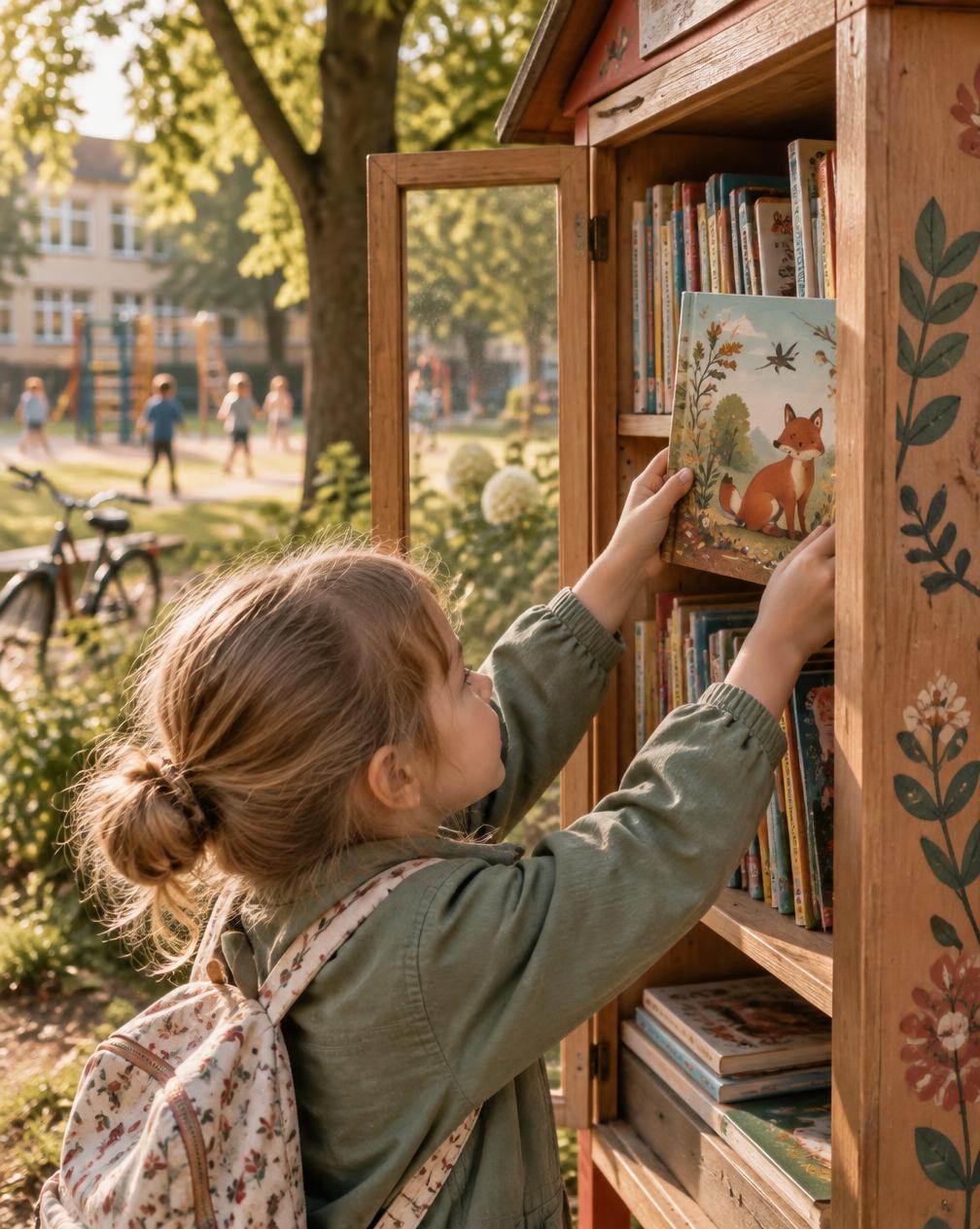 Dziecko wybierające książkę z plenerowej biblioteczki